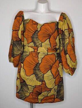 NWT Ofuure Ohi Yellow Orange Ginkgo Leaf Puff Sleeve Sweetheart Neck Mini Dress